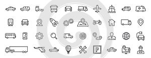 Set of 40 Cars and transport web icons in line style. Airplane, bus, parking, travel, train, comfortable. Vector illustration