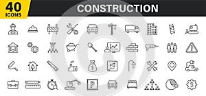 Set of 40 Construction web icons in line style. Building, engineer, business, road, builder, industry. Vector illustration