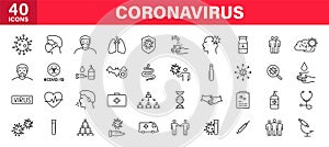 Set of 40 Coronavirus protection web icons in line style. Safety, health, coronavirus, virus, outbreak, contagious