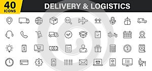 Set of 40 Delivery and logistics web icons in line style. Courier, shipping, express delivery, tracking order, support, business.