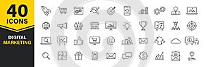 Set of 40 Digital Marketing web icons in line style. Social, networks, feedback, communication, marketing, ecommerce