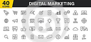 Set of 40 Digital Marketing web icons in line style. Social, networks, feedback, communication, marketing, ecommerce. Vector