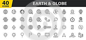Set of 40 Globe and earth planet web icons in line style. Navigational Equipment, Planet Earth, Airplane, Map. Vector illustration