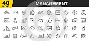 Set of 40 Management web icons in line style. Media, teamwork, business, planning, strategy, marketing. Vector illustration