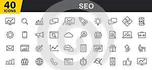 Set of 40 SEO and Development web icons in line style. Contact, Target, Website. Vector illustration