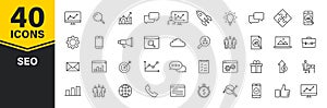 Set of 40 SEO and Development web icons in line style. Contact, Target, Website. Vector illustration
