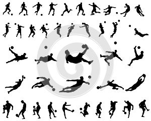 A set of 40 soccer football player silhouettes cutout outlines, vector icon sets in various poses