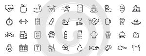 Set of 40 Sport and Fitness, healthy food web icons in line style. Soccer, nutrition, workout, teamwork. Vector illustration