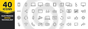 Set of 40 Technology and Electronics and Devices web icons in line style. Device, phone, laptop, communication, smartphone,