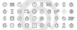 Set of 40 Time and clock web icons in line style. Timer, Speed, Alarm, Calendar. Vector illustration