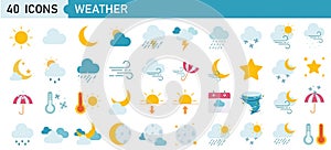 Set of 40 weather web icons in line style. Weather , clouds, sunny day, moon, snowflakes, wind, sun day. Vector