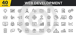 Set of 40 Web development web icons in line style. Marketing, analytics, e-commerce, digital, management, seo. Vector illustration