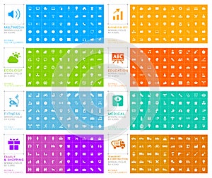 Set of 400 Universal Solid Icons on Color Background . Isolated Vector Elements