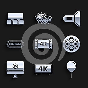 Set 4k movie, tape, frame, , Balloon with ribbon, Film reel, Online play video, Cinema poster design template, Movie