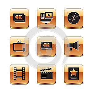 Set 4k Ultra HD, Play Video, Movie clapper, Laptop with 8k, Retro tv, CD or DVD disk, Hollywood walk of fame star and