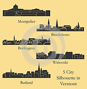 Set of 5 City Silhouette in Vermont ( Montpelier, Burlington, Brattleboro, Winooski, Rutland )