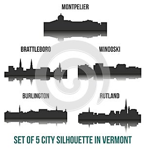 Set of 5 City Silhouette in Vermont ( Montpelier, Burlington, Brattleboro, Winooski, Rutland )