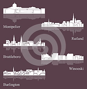 Set of 5 City Silhouette in Vermont ( Montpelier, Burlington, Brattleboro, Winooski, Rutland )