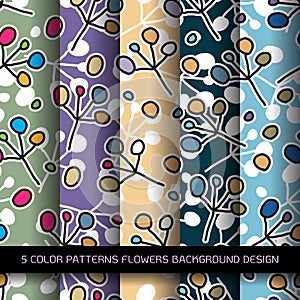 Set of 5 colors patterns with flowers and abstract decorative elements design