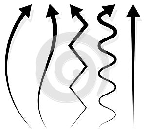 Set of 5 different long, vertical arrow elements with shadow