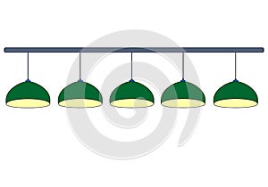 Set of 5 green billiard lamps  with yellow light. Row green hanging 4 lamps for lighting pool table. Isolated on white background