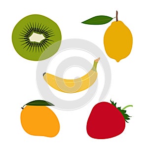 The set of 5 high resulation vector image . mango, lemon, banana, strawberry, green peach.