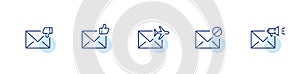Set of 5 mail icons. Spam, share, like and dislike, international delivery. Pixel perfect, editable stroke