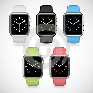 Set of 5 modern shiny sport smart watches with