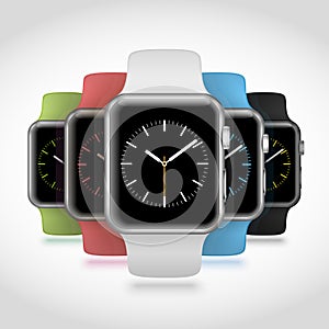 Set of 5 modern shiny sport smart watches with