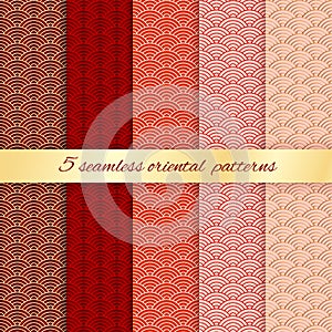 Set of 5 oriental seamless patterns. Traditional Japanese or Chinese geometric ornament. Seigaiha wavy background. Vector