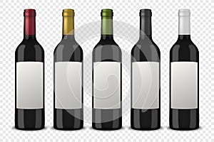 Set 5 realistic vector black bottles of wine without labels isolated on transparent background. Design template in EPS10