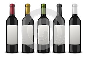 Set 5 realistic vector black bottles of wine without labels isolated on white background. Design template in EPS10.