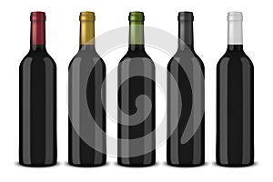 Set 5 realistic vector black bottles of wine without labels isolated on white background. Design template in EPS10.