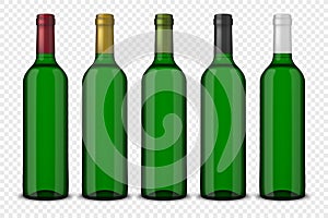 Set 5 realistic vector green bottles of wine without labels isolated on transparent background. Design template in EPS10