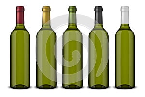 Set 5 realistic vector green bottles of wine without labels isolated on white background. Design template in EPS10.