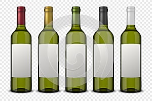 Set 5 realistic vector green bottles of wine with white labels isolated on transparent background. Design template