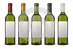 Set 5 realistic vector green bottles of wine with white labels isolated on white background. Design template in EPS10.