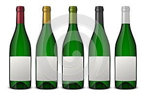 Set 5 realistic vector green bottles of wine with white labels on white background. Design template in EPS10.