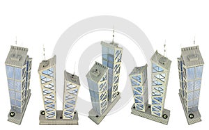 Set of 5 renders of commercial buildings with two towers of stone and glass with sky reflection - isolated on white, view from
