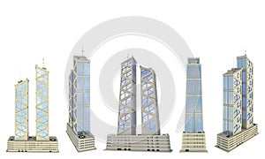 Set of 5 renders of fictional design city houses with two towers with sky reflection - isolated on white, different angles views