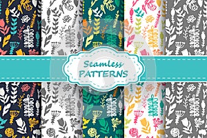 Set of 5 seamless hand-drawn floral patterns.