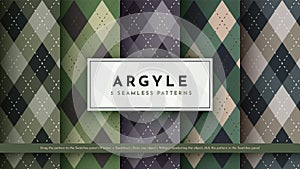 Set 5 Seamless Military Argyle Pattern. Traditional Rhombus Texture. Fashionable Fabric. Textile Background