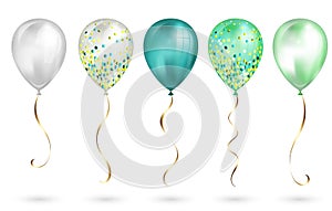 Set of 5 shiny realistic 3D teal helium balloons for your design. Glossy balloons with glitter and gold ribbon, perfect decoration