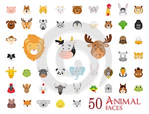 Set of 50 Animal Faces in cartoon style