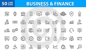 Set of 50 Business and Finance web icons in line style. Money, dollar, infographic, banking. Vector illustration