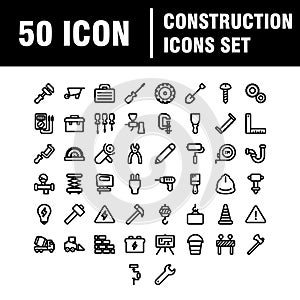 Set of 50 Construction web icons in line style. Building, engineer, business, road, builder, industry