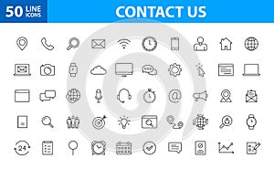 Set of 50 Contact Us web icons in line style. Web and mobile icon. Chat, support, message, phone. Vector illustration