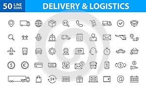 Set of 50 Delivery and logistics web icons in line style. Courier, shipping, express delivery, tracking order, support, business.