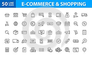 Set of 50 E-commerce and shopping web icons in line style. Mobile Shop, Digital marketing, Bank Card, Gifts. Vector illustration
