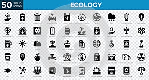 Set of 50 Ecology web icons in solid style. Recycling, biology, renewable energy. Solid icons collection. Vector illustration